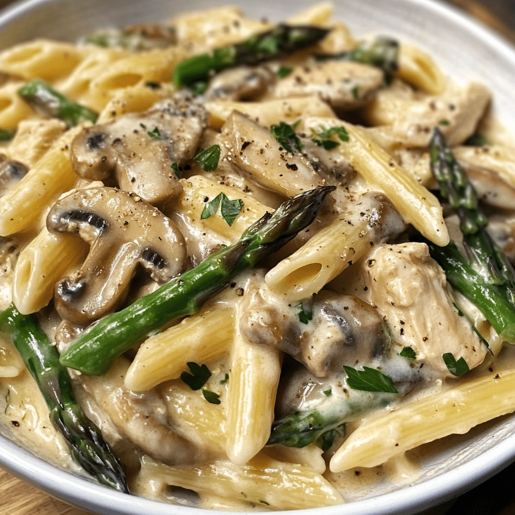 Creamy Mushroom and Asparagus Chicken Penne