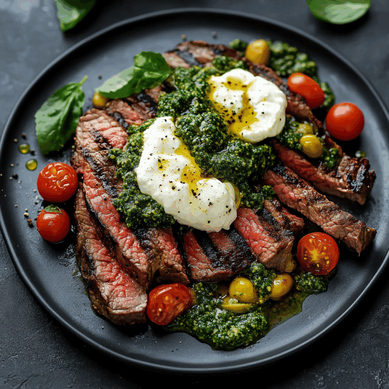 Grilled Flank Steak with Burrata & Pesto