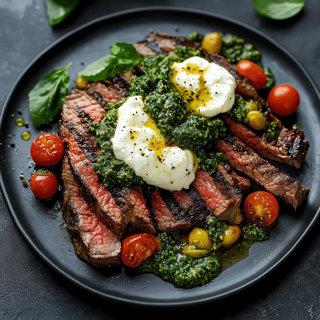 Grilled Flank Steak with Burrata & Pesto