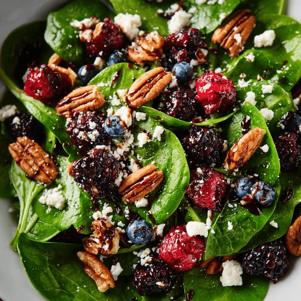 Berry Spinach Salad with Pecans, Feta, and Balsamic Glaze