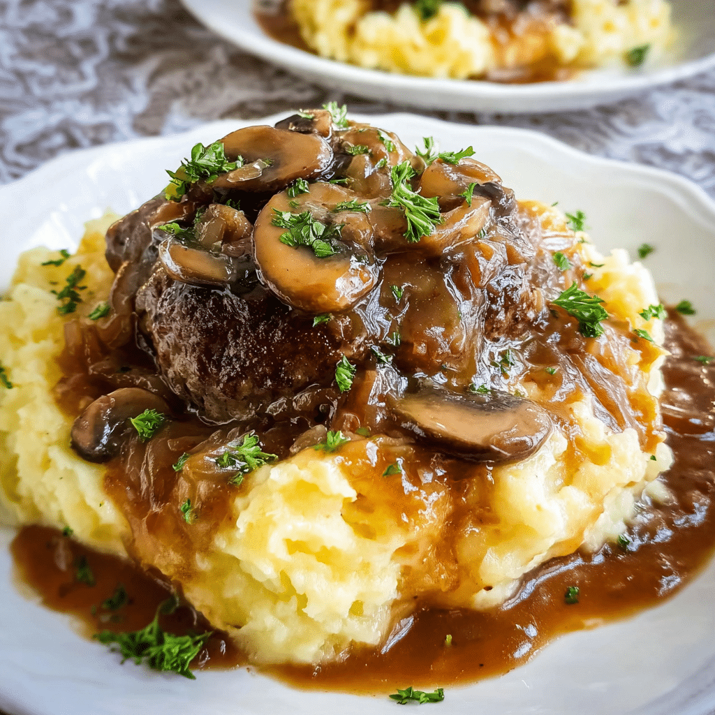 Salisbury Steak with Garlic Mashed Potatoes and Mushroom & Onion Gravy