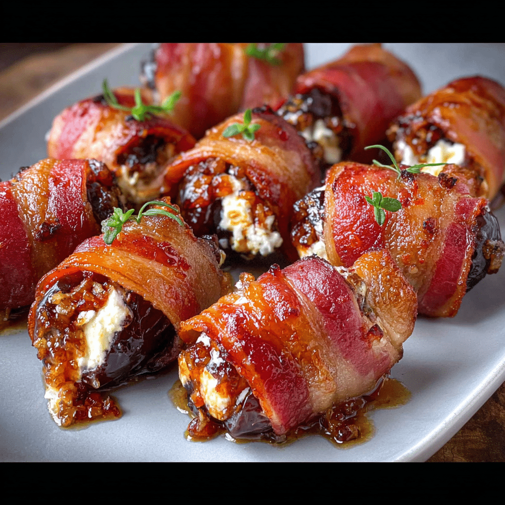 Bacon Wrapped Dates with Goat Cheese and Maple Glaze